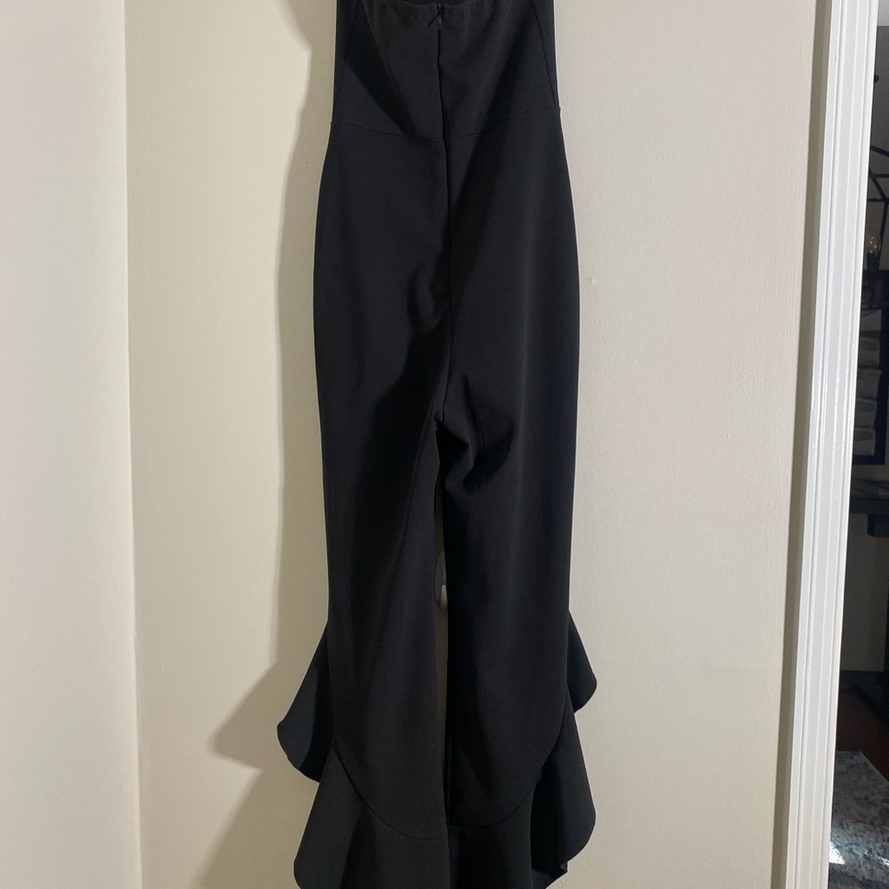 SOLD- Lulus After Midnight Black Ruffle Leg Strapless Jumpsuit - Picture 5 of 12